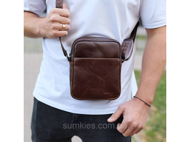 Чоловічий месенджер через плече 20х16х6, сумка планшетка для міста, барсетка для телефону, коричнева - Фото 1