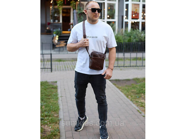 Чоловічий месенджер через плече 20х16х6, сумка планшетка для міста, барсетка для телефону, коричнева - Фото 4
