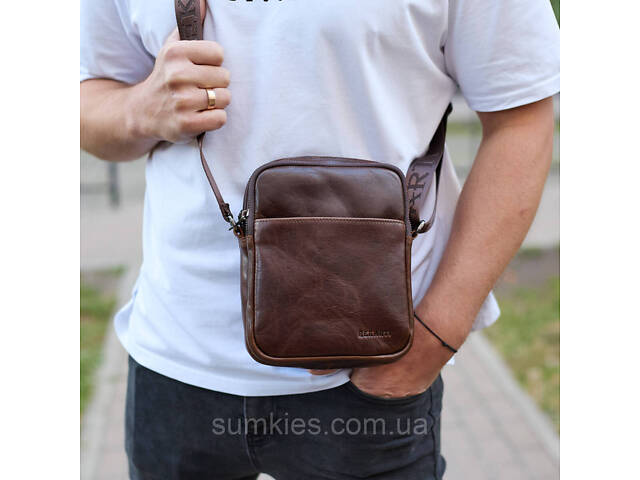 Чоловічий месенджер через плече 20х16х6, сумка планшетка для міста, барсетка для телефону, коричнева - Фото 8