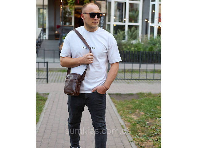 Чоловічий месенджер через плече 20х16х6, сумка планшетка для міста, барсетка для телефону, коричнева - Фото 9