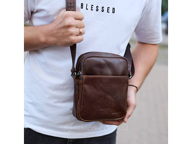 Чоловічий месенджер через плече 20х16х6, сумка планшетка для міста, барсетка для телефону, коричнева - Фото 10