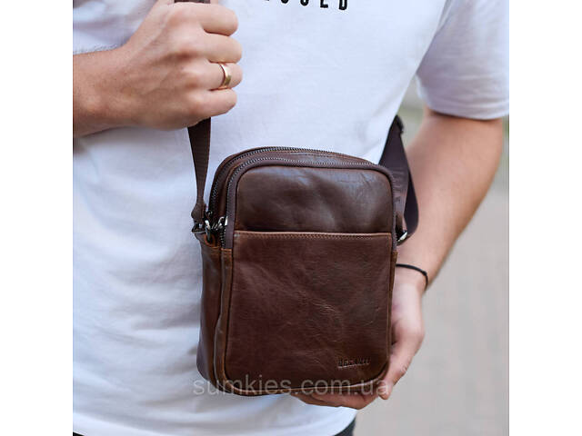Чоловічий месенджер через плече 20х16х6, сумка планшетка для міста, барсетка для телефону, коричнева - Фото 2