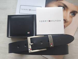 Мужской подарочный кожаный набор TOMMY кожаный ремень и кошелек черные