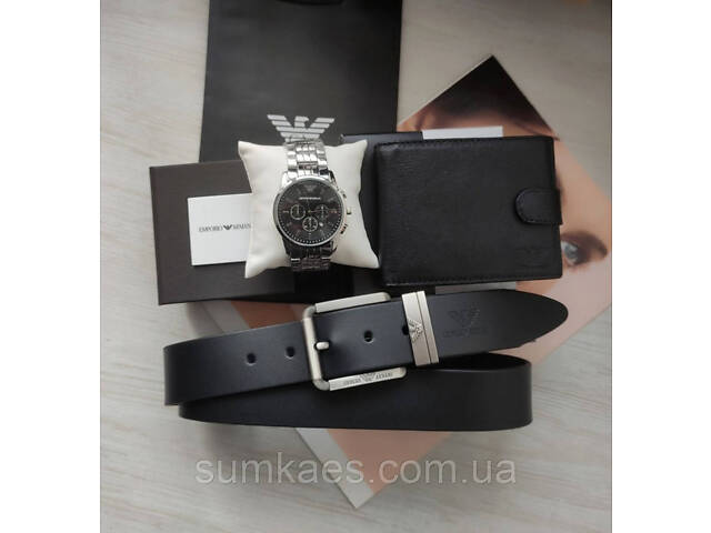 Мужской подарочный набор Armani часы, кожаный ремень и кошелек black/silver - Фото 1