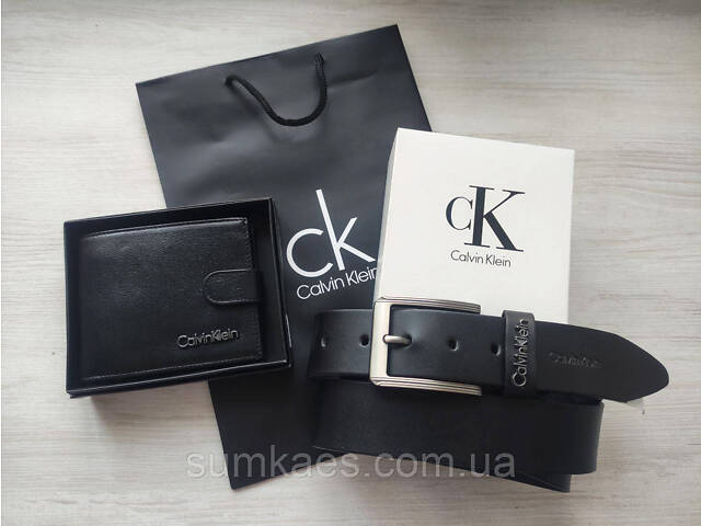 Мужской подарочный набор Calvin Klein кожаный ремень и кошелек