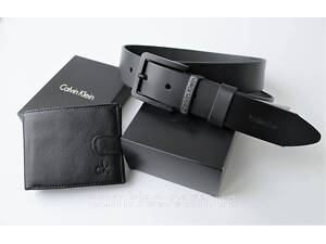 Мужской подарочный набор Calvin Klein ремень и кошелек total black