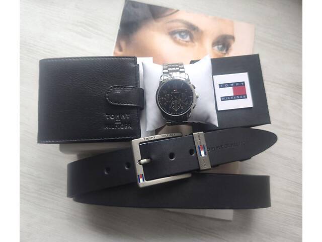 Мужской подарочный набор часов, кожаный ремень и кошелек black/silver - Фото 1