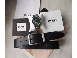 Мужской подарочный набор Hugo Boss часы и кожаный ремень black
