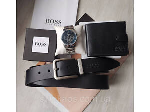 Мужской подарочный набор Hugo Boss часы, кожаный ремень и кошелек black