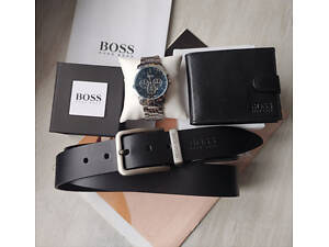Мужской подарочный набор Hugo Boss часы, кожаный ремень и кошелек black