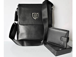 Мужской подарочный набор: кожаная сумка и кошелек Philipp Plein Black
