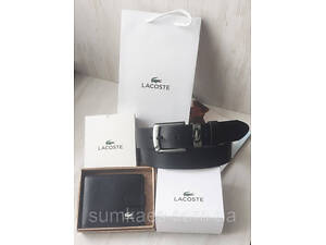 Мужской подарочный набор Lacoste black ремень и кошелек