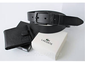 Мужской подарочный набор Lacoste ремень и кошелек total black