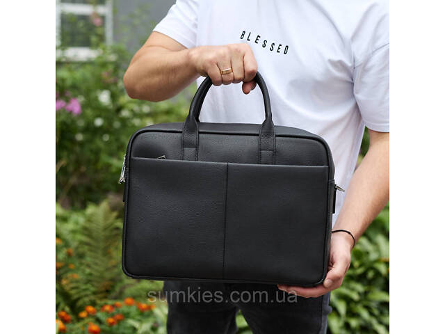 Чоловічий портфель на плече 38х28х8.5, офісний шкіряний месенджер, чоловіча ділова сумка для міста, чорна - Фото 1