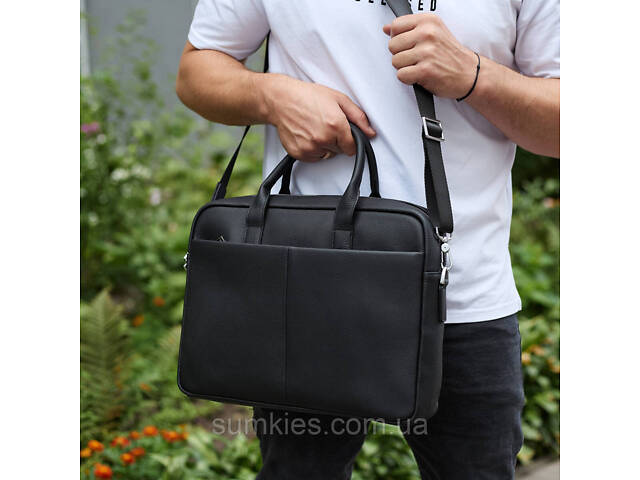 Чоловічий портфель на плече 38х28х8.5, офісний шкіряний месенджер, чоловіча ділова сумка для міста, чорна - Фото 3