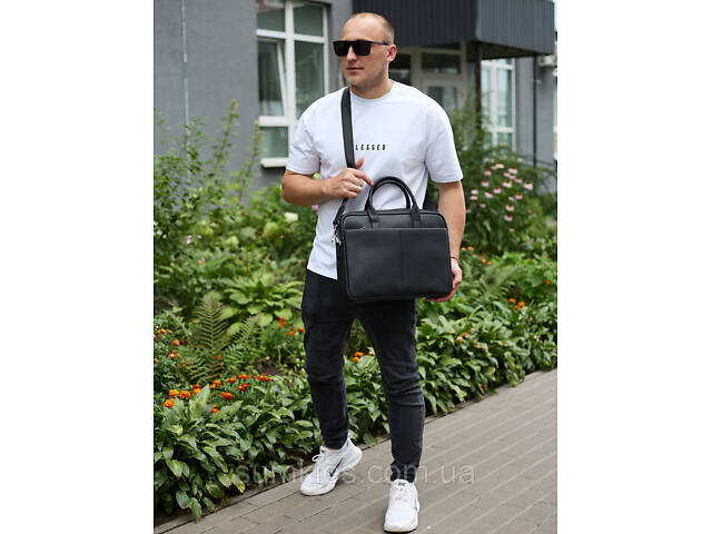 Чоловічий портфель на плече 38х28х8.5, офісний шкіряний месенджер, чоловіча ділова сумка для міста, чорна - Фото 4