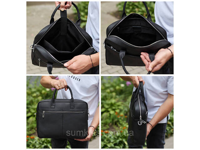 Чоловічий портфель на плече 38х28х8.5, офісний шкіряний месенджер, чоловіча ділова сумка для міста, чорна - Фото 7