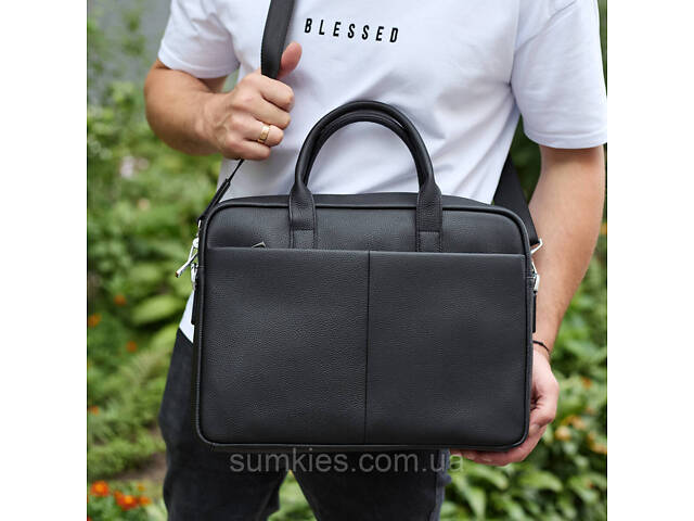 Чоловічий портфель на плече 38х28х8.5, офісний шкіряний месенджер, чоловіча ділова сумка для міста, чорна - Фото 8