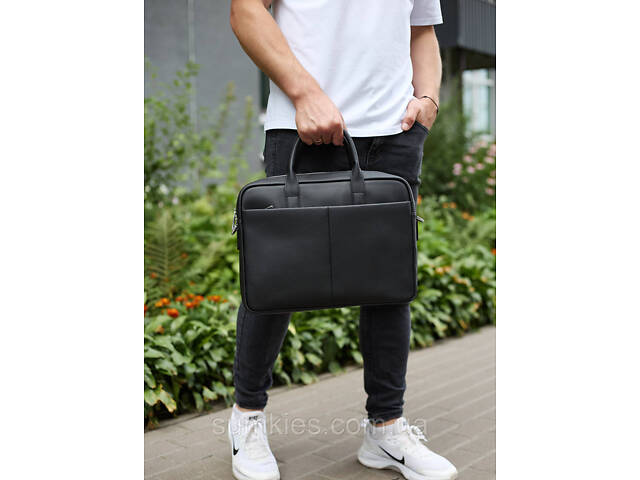 Чоловічий портфель на плече 38х28х8.5, офісний шкіряний месенджер, чоловіча ділова сумка для міста, чорна - Фото 10