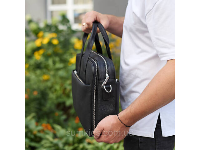 Чоловічий портфель на плече 40х28х10, офісний шкіряний месенджер, чоловіча ділова сумка для міста, чорний - Фото 4