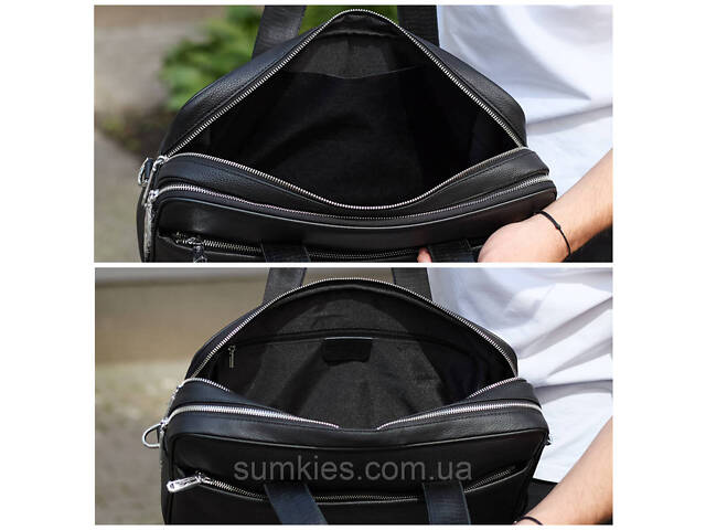 Чоловічий портфель на плече 40х28х10, офісний шкіряний месенджер, чоловіча ділова сумка для міста, чорний - Фото 6