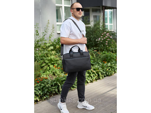 Чоловічий портфель на плече 40х28х10, офісний шкіряний месенджер, чоловіча ділова сумка для міста, чорний - Фото 8
