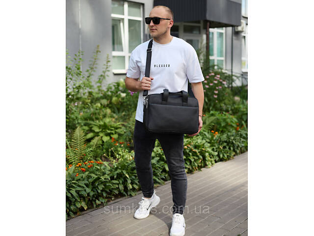 Чоловічий портфель на плече 40х28х10, офісний шкіряний месенджер, чоловіча ділова сумка для міста, чорний - Фото 9