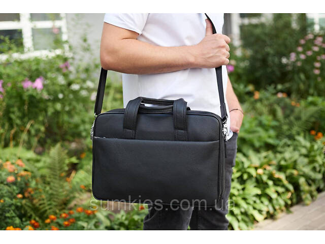 Чоловічий портфель на плече 40х28х10, офісний шкіряний месенджер, чоловіча ділова сумка для міста, чорний - Фото 10