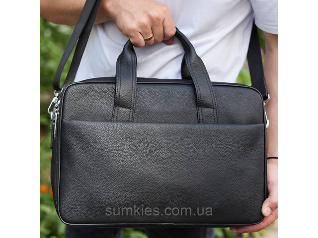 Чоловічий портфель на плече 40х28х10, офісний шкіряний месенджер, чоловіча ділова сумка для міста, чорний - Фото 2
