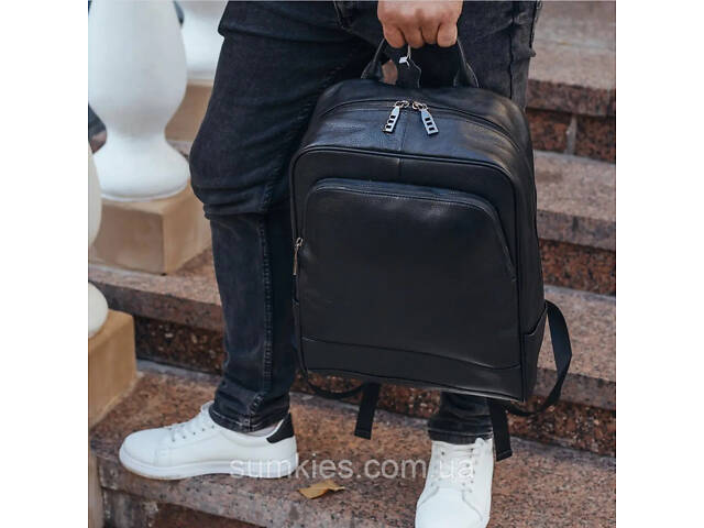 Чоловічий рюкзак шкіряний міський для ноутбука 28х40х14, сумка на спину для студента Tiding Bag , чорна - Фото 5