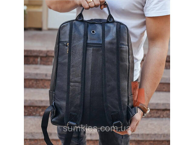 Чоловічий рюкзак шкіряний міський для ноутбука 28х40х14, сумка на спину для студента Tiding Bag , чорна - Фото 6