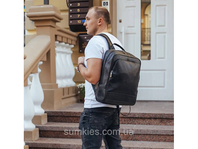 Чоловічий рюкзак шкіряний міський для ноутбука 28х40х14, сумка на спину для студента Tiding Bag , чорна - Фото 7