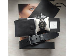 Мужские подарочные наборы Armani часы, кожаный ремень и кошелек black