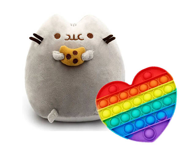 Мягкая игрушка кот c Печеньем и Pop it Сердечко S&T Пушин кэт 18 х 15 см Серый (vol-2050)