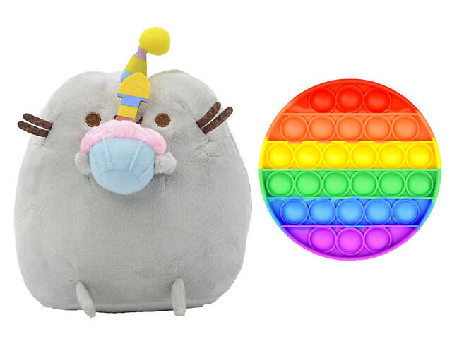 Мягкая игрушка кот с кексом 18 х 15 см Пушин кэт Серый и игрушка антистресс Pop It круг (vol-1242)