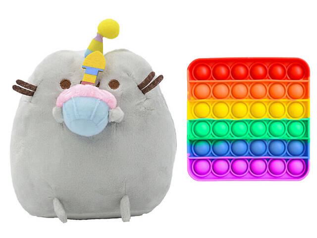 Мягкая игрушка кот с кексом 18 х 15 см Пушин кэт Серый и игрушка антистресс Pop It квадрат (vol-1241)