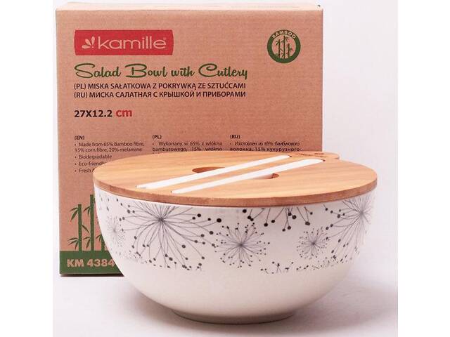 Миска з бамбукового волокна діаметр 24см з бамбуковою кришкою та приборами Kamille DP40674 - Фото 2