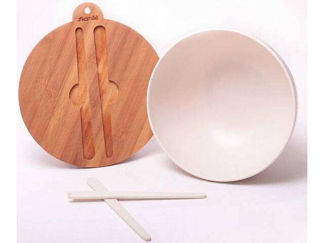 Миска з бамбукового волокна діаметр 24см з бамбуковою кришкою та приборами Kamille DP40674 - Фото 3