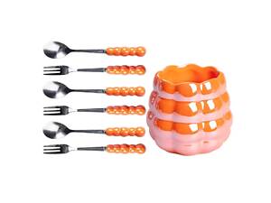 Набір десертних виделок і ложок на 3 персони з підставкою з порцелянау 7 предметів Помаранчевий HP-20-60