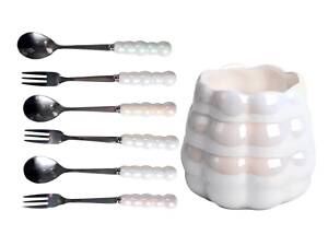 Набір десертних виделок і ложок на 3 персони з підставкою з порцелянау 7 предметів Перламутровий HP-20-62