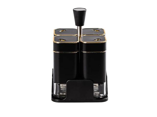 Набір для спецій на підставці 4 предмети 10х10х17 см ємності для приправ 120 мл Чорний HP-1306 - Фото 1