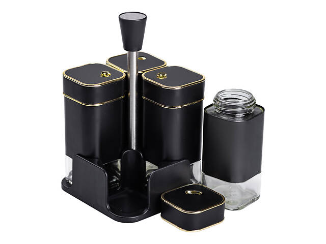 Набір для спецій на підставці 4 предмети 10х10х17 см ємності для приправ 120 мл Чорний HP-1306 - Фото 2