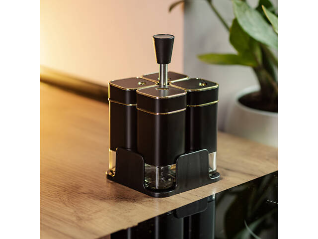 Набір для спецій на підставці 4 предмети 10х10х17 см ємності для приправ 120 мл Чорний HP-1306 - Фото 6