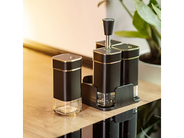 Набір для спецій на підставці 4 предмети 10х10х17 см ємності для приправ 120 мл Чорний HP-1306 - Фото 7