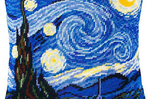 Набір для вишивання подушки хрестиком «Зоряна ніч» Вінсент Ван Гог Страмін із пряжею Zweigart напівхрест 40х40 см