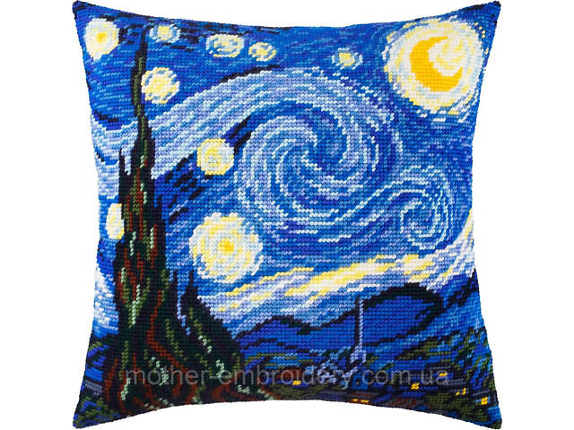 Набір для вишивання подушки хрестиком «Зоряна ніч» Вінсент Ван Гог Страмін із пряжею Zweigart напівхрест 40х40 см