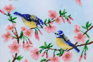 Набір для вишивки бісером 'Синиці' Цвіт яблуні, літо, сад, квіти, небо, дерева часткова викладка, 30х28 см