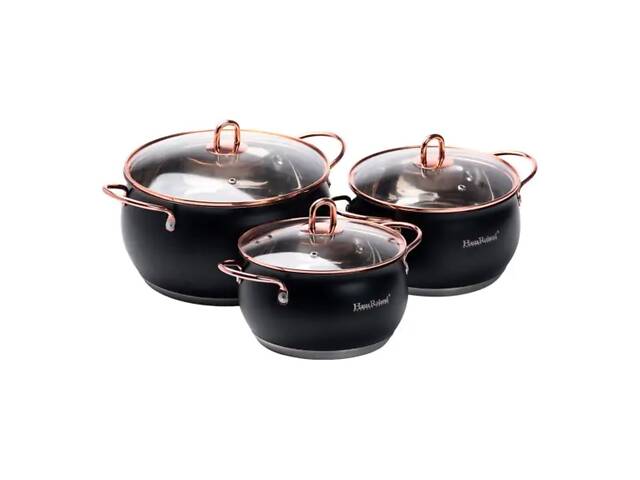 Набір каструль із нержавіючої сталі 2,6 л - 3,6 л - 6,1 л зі скляними кришками HP33525B - Фото 1