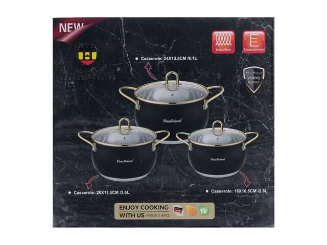 Набір каструль із нержавіючої сталі 2,6 л - 3,6 л - 6,1 л зі скляними кришками HP33525B - Фото 6