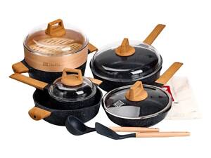 Набор посуды MGC 2 кастрюли, 2 сковороды, сотейник, пароварка, половник, лопатка, фартук HP-4-412BL